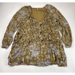 Free People Womens XS Lucky Loosey Dress Gold Above Knee Long Sleeve Floral Boho